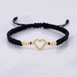 Pulsera Tejida Negra Corazon Oro Amarillo 18K