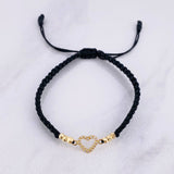 Pulsera Tejida Negra Corazon Oro Amarillo 18K