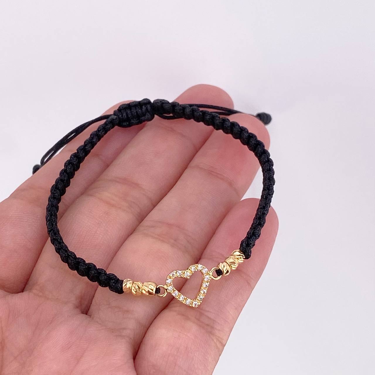 Pulsera Tejida Negra Corazon Oro Amarillo 18K