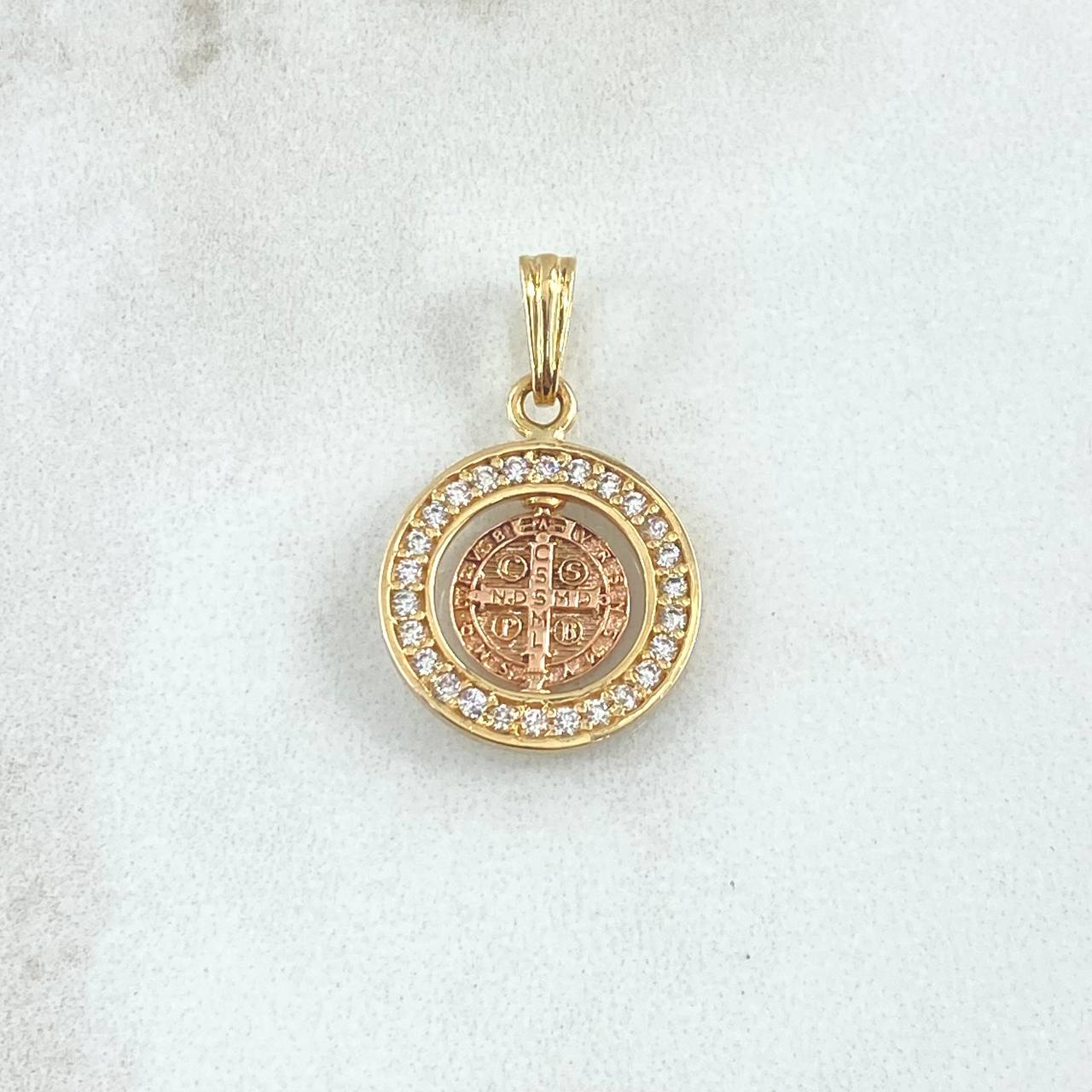 Dije San Benito En Aro Movil 2.1gr / 2.2cm / Circones Blancos Dos Oros Amarillo Rosa 18K *