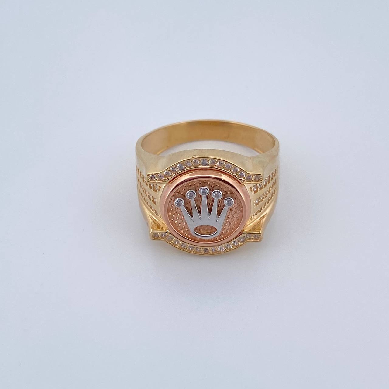 Anillo Sello Corona RX 8.4gr / T10 3/4 / Circones Blancos Tres Oros 18K $