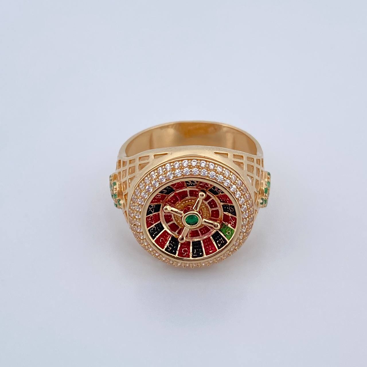 Anillo Ruleta 9.55gr / T11 / Circones Verdes Blancos Oro Amarillo 18K $