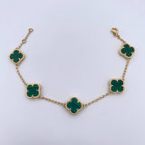 Pulso Espiga Trebol 7.85gr / 17.3cm-18.5cm / 1.6mm Malaquita Verde Oro Amarillo Nac.Esp. 18K $