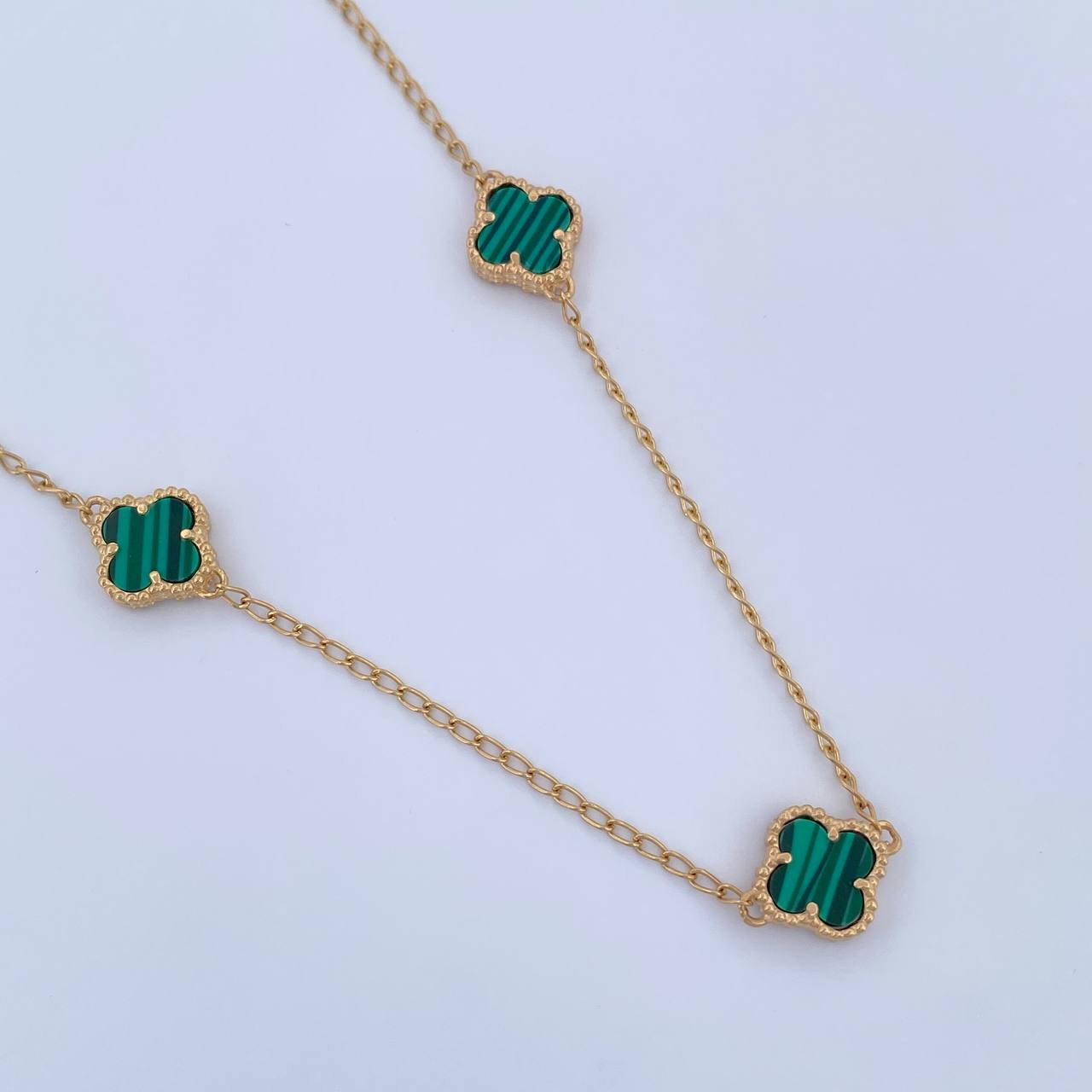Cadena Espiga Trebol 7.5gr / 46.5cm-48.5cm / 1.3mm Malaquita Verde Oro Amarillo Nac.Esp. 18K $