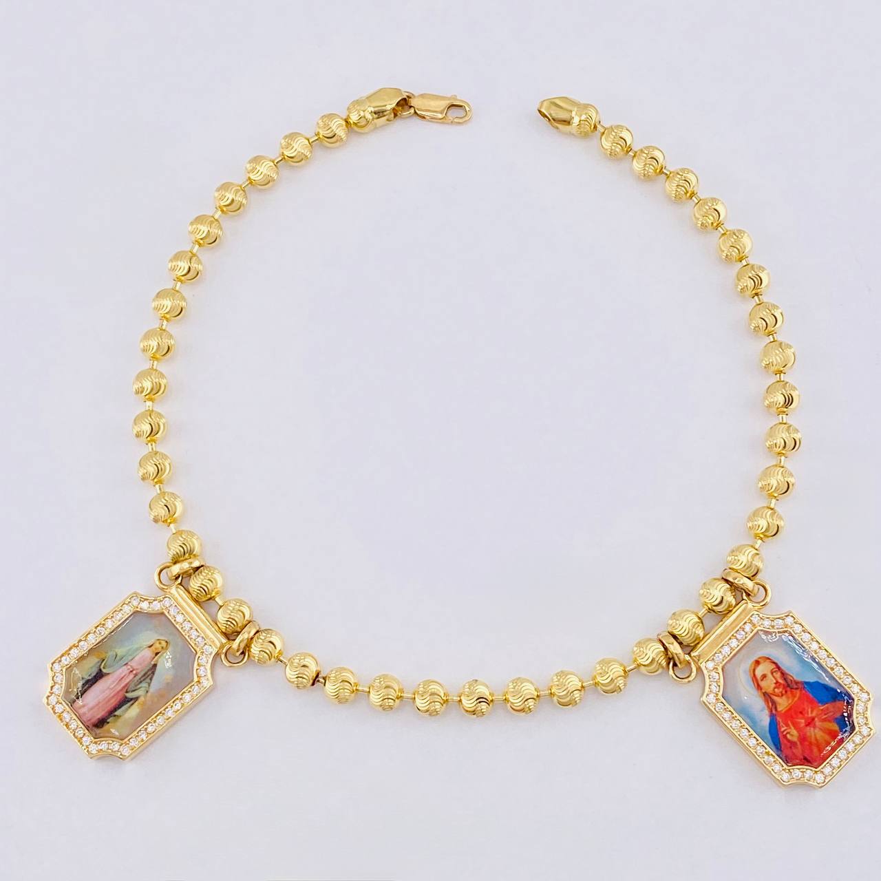 Tobillera Militar Escapulario Diamantado 23.03g / 27.4cm / 5mm Oro Amarillo 18K  Nac,Esp