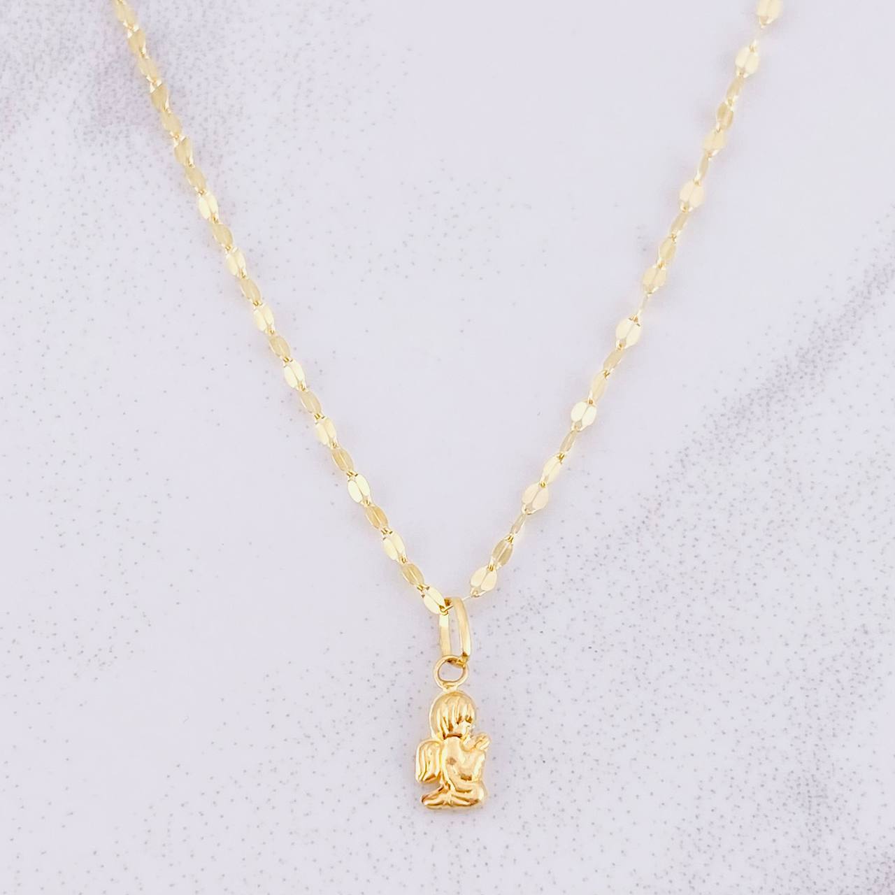 Set Cadena Flor Espejo + Dije Ángel de la Guarda / 1.25g / 45cm Oro Amarillo 18K