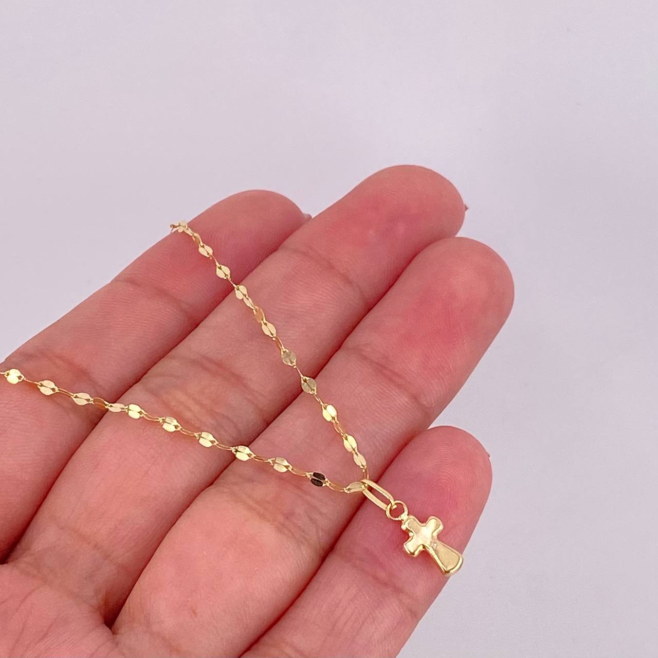 Set Cadena Flor Espejo + Dije Cruz / 1.25g / 45cm Oro Amarillo 18K