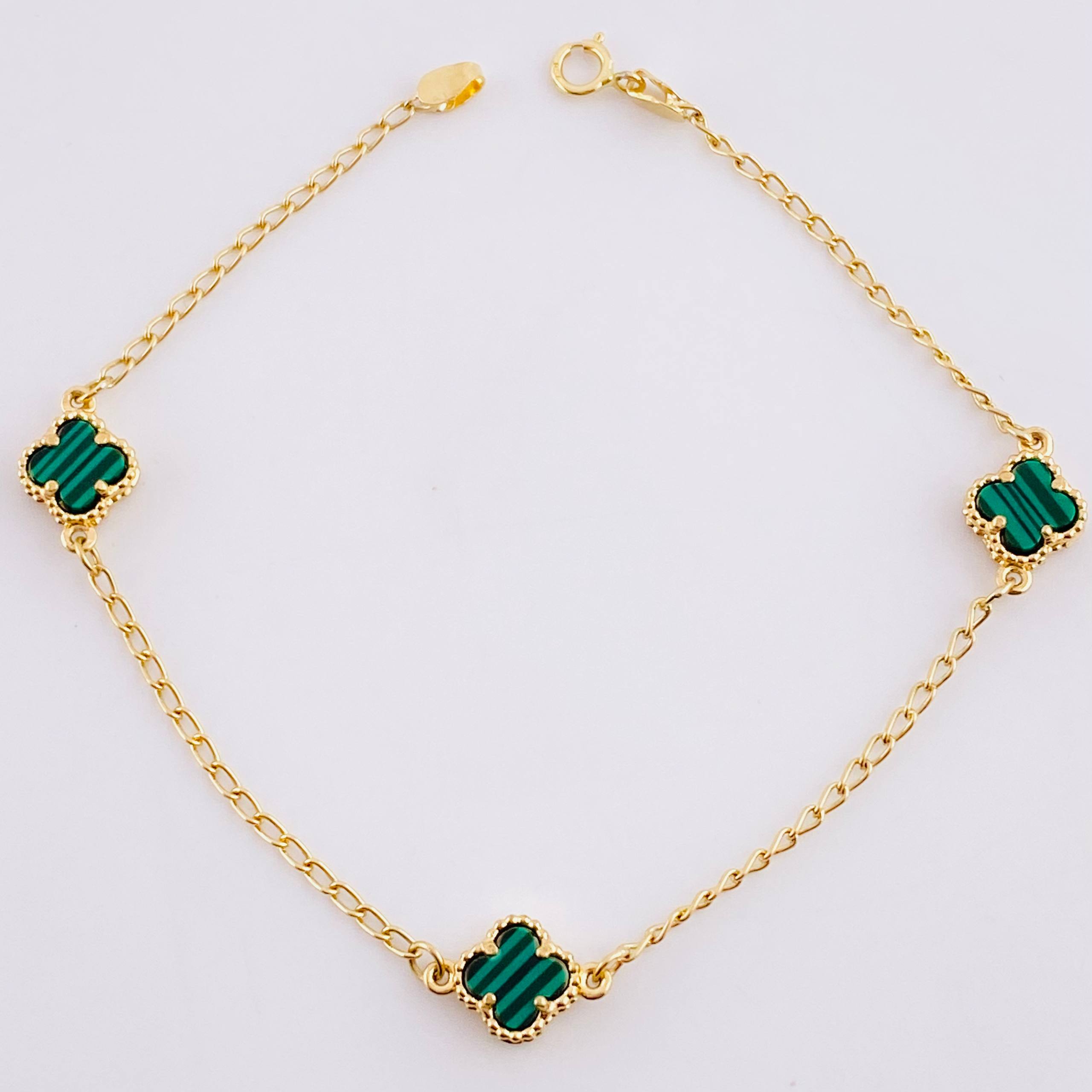 Pulso Aro Seguido Trebol Malaquita 2.95g / 19.3cm / 1.5mm Oro Amarillo 18K