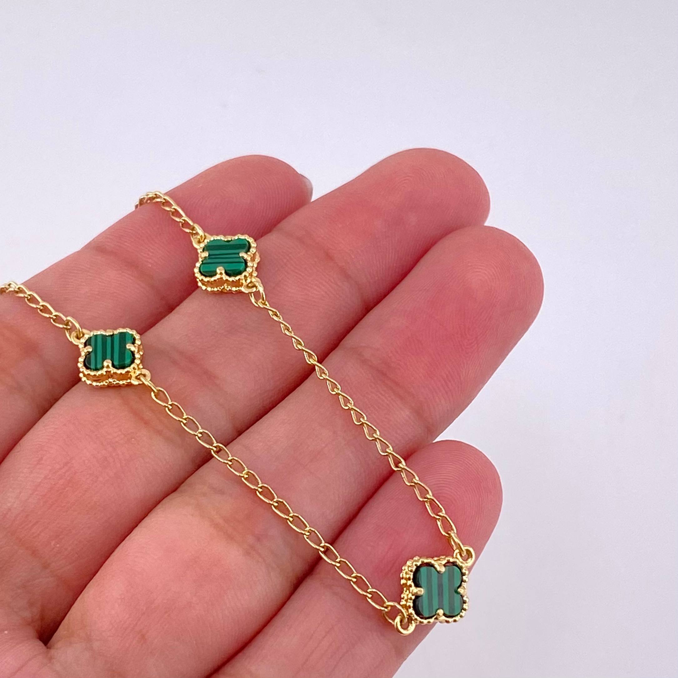 Pulso Aro Seguido Trebol Malaquita 2.9g / 18.2cm / 1.5mm Oro Amarillo 18K