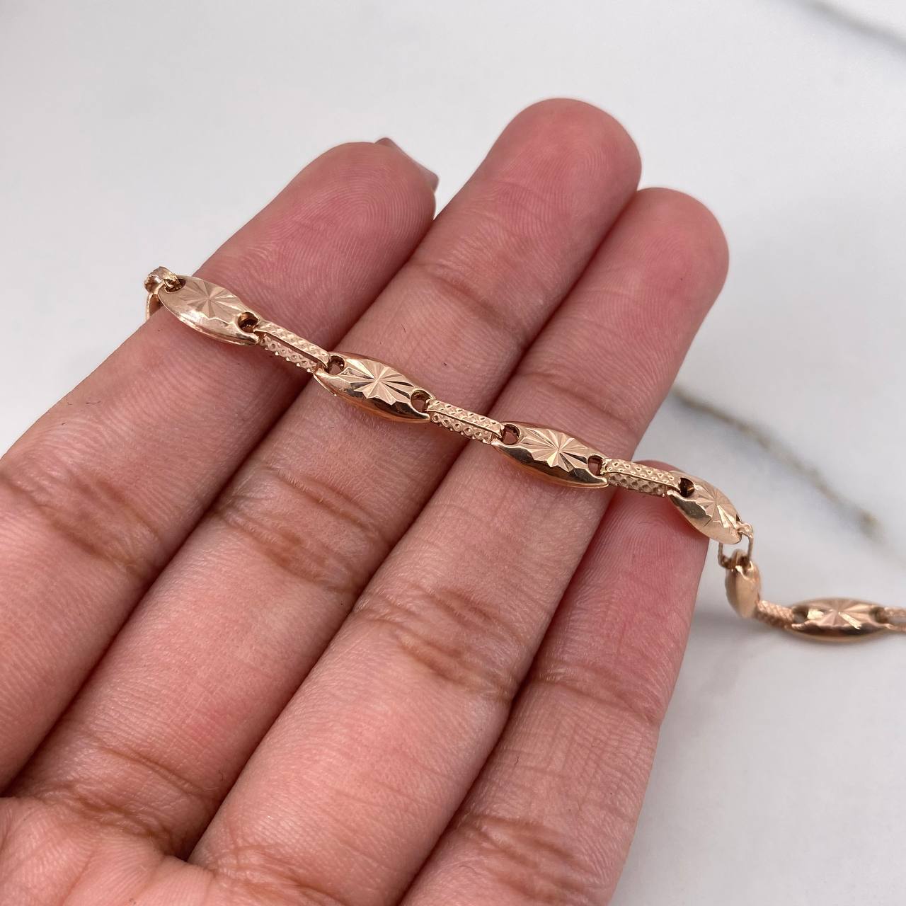Pulso Rustico Eslabon 4.65gr / 21cm / 4.4mm Diamantado Oro Rosa 18K #