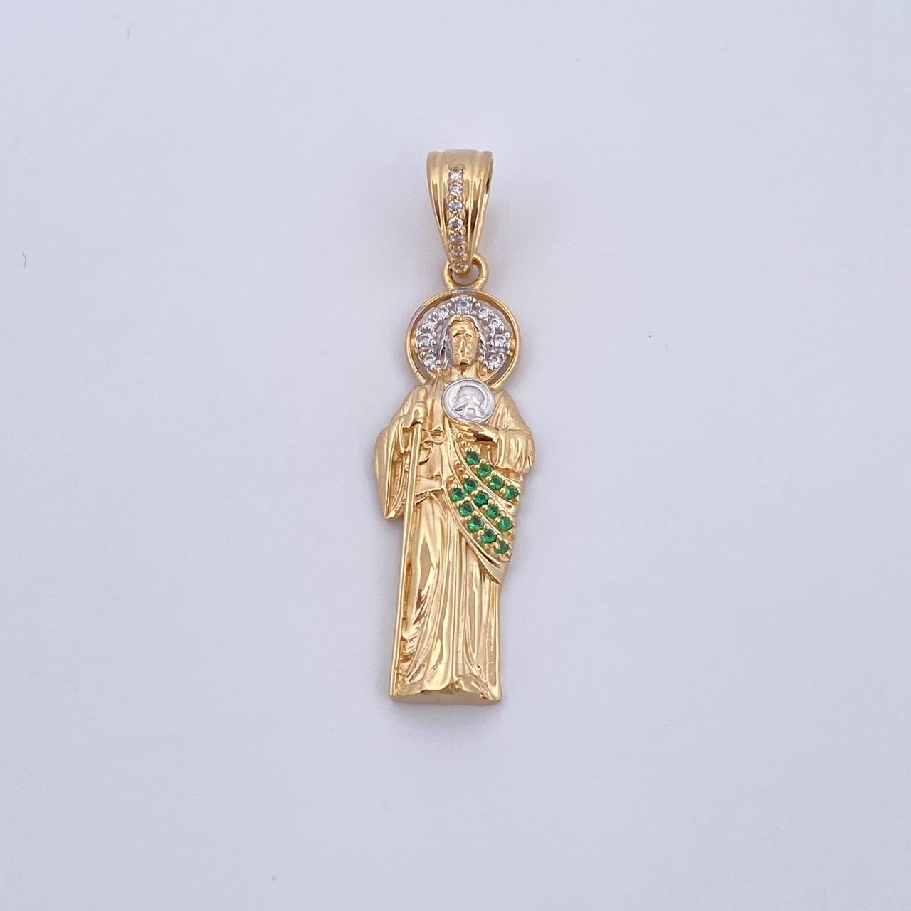 Dije San Judas 4.2gr / 4.1cm / Circones Blancos Verdes Dos Oros Amarillo Blanco 18K $
