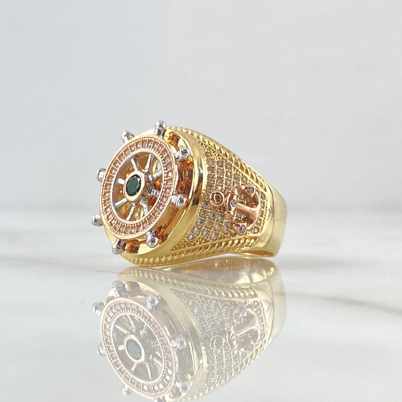 Anillo Timón Movil 12.85gr / T10 / Circones Blancos Verde Tres Oros 18K *