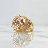 Anillo Timón Movil 12.85gr / T10 / Circones Blancos Verde Tres Oros 18K *