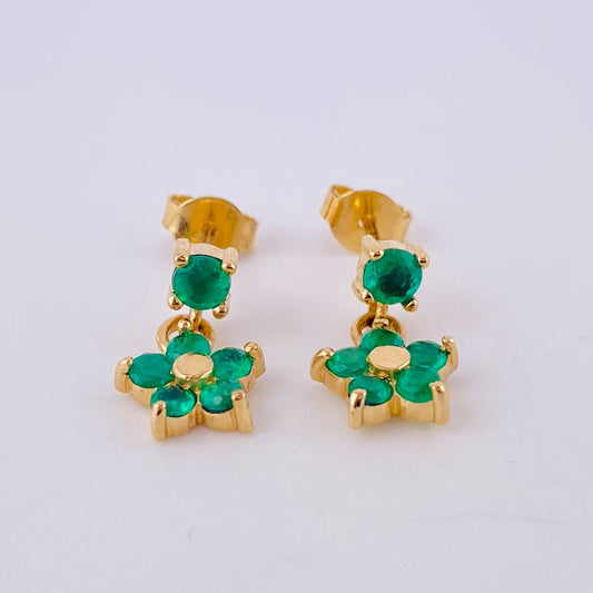 Topos Flor Colgante Esmeraldas 60pts 2.55gr / 1.5cm / Oro Amarillo 18K