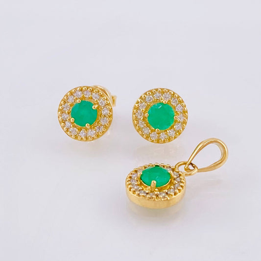 Set Circular Topos + Dije Diamantes 37pts Esmeraldas 84pts 4.2gr / 1.5cm / 8mm Oro Amarillo 18K