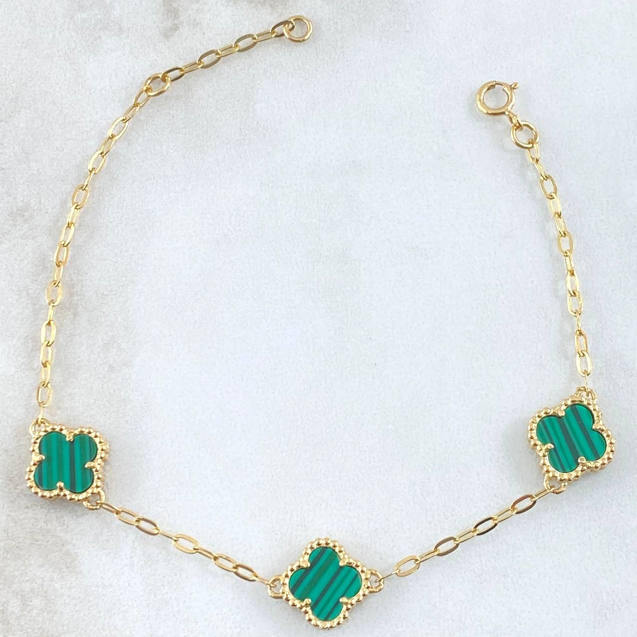 Pulso Trebol Malaquita Verde 3.2gr / 16cm-17cm / 8mm Oro Amarillo Nac.Esp. 18K