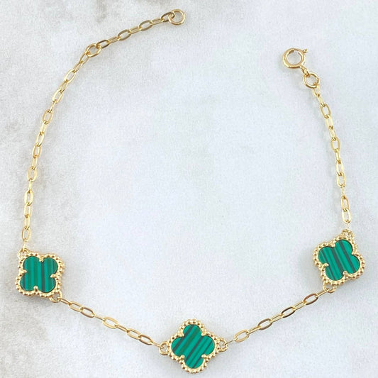 Pulso Trebol Malaquita Verde 3.2gr / 16cm-17cm / 8mm Oro Amarillo Nac.Esp. 18K