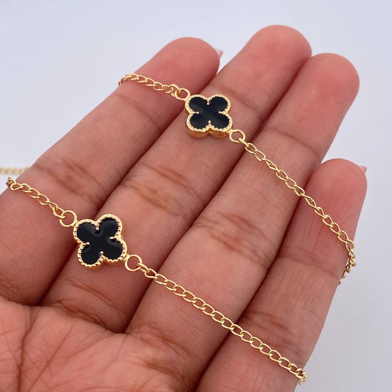 Cadena Espiga Trebol 6.95gr / 51.2cm / 1.2mm Electroestatico Negro Oro Amarillo 18K &