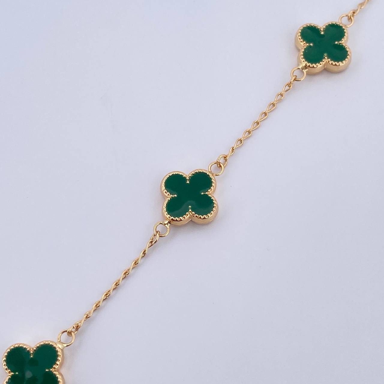 Pulso Espiga Trebol 4.8gr / 18.5cm / 1.2mm Electroestatico Verde Oro Amarillo 18K &