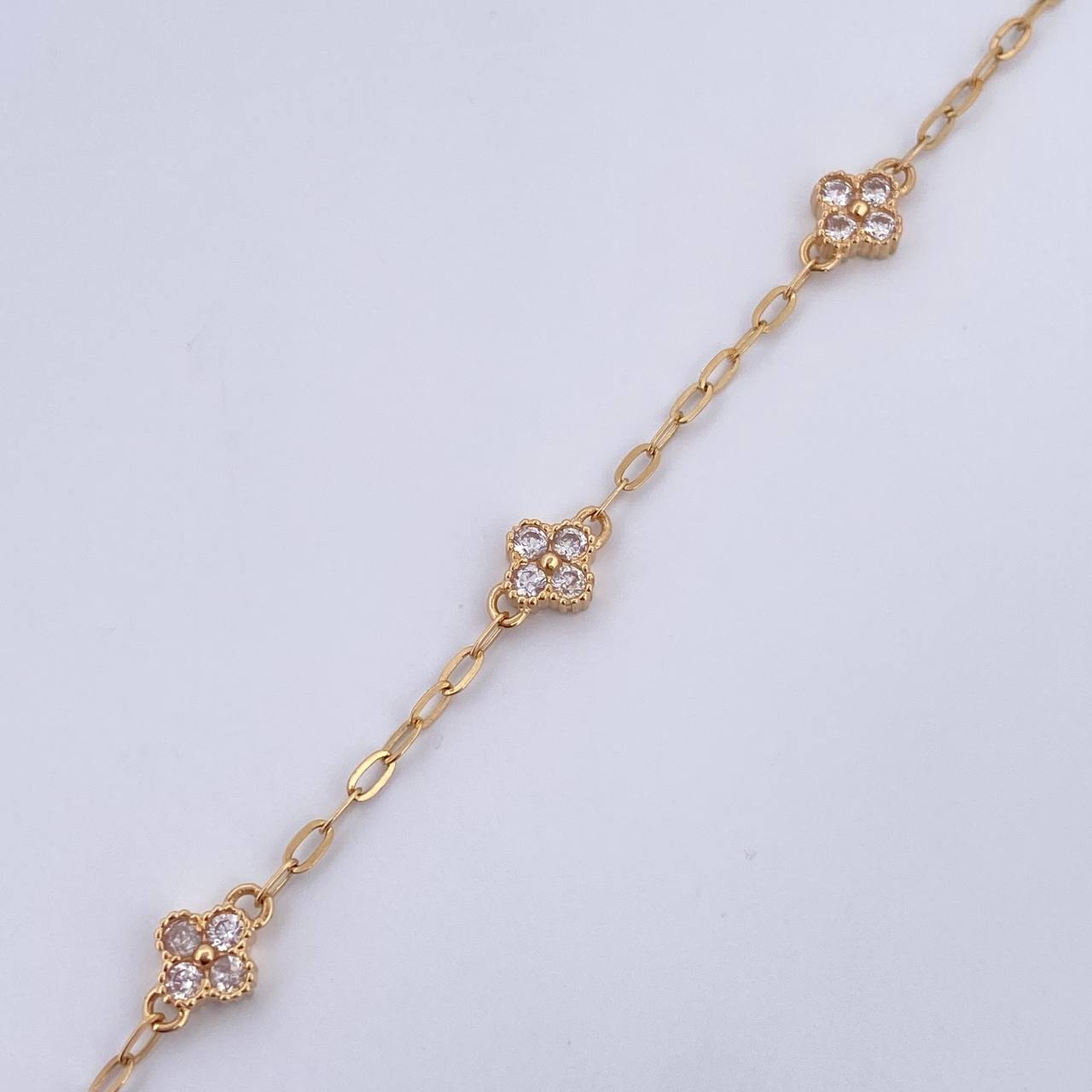 Pulso Aro Seguido Trebol  3.15gr / 19.6cm / 1.3mm Circones Blancos Oro Amarillo 18K &