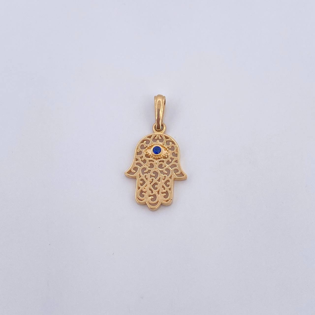 Dije Mano Hamsa 1.35gr / 2.5cm / Circon Azul Oro Amarillo 18K &