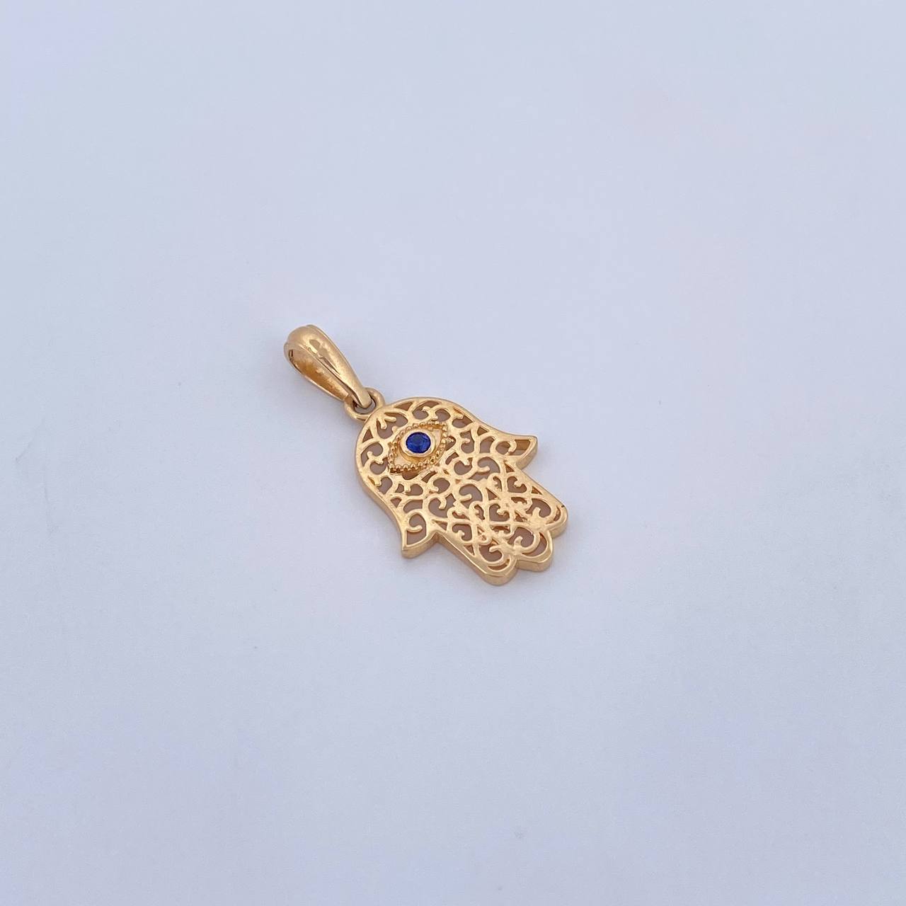 Dije Mano Hamsa 1.35gr / 2.5cm / Circon Azul Oro Amarillo 18K &