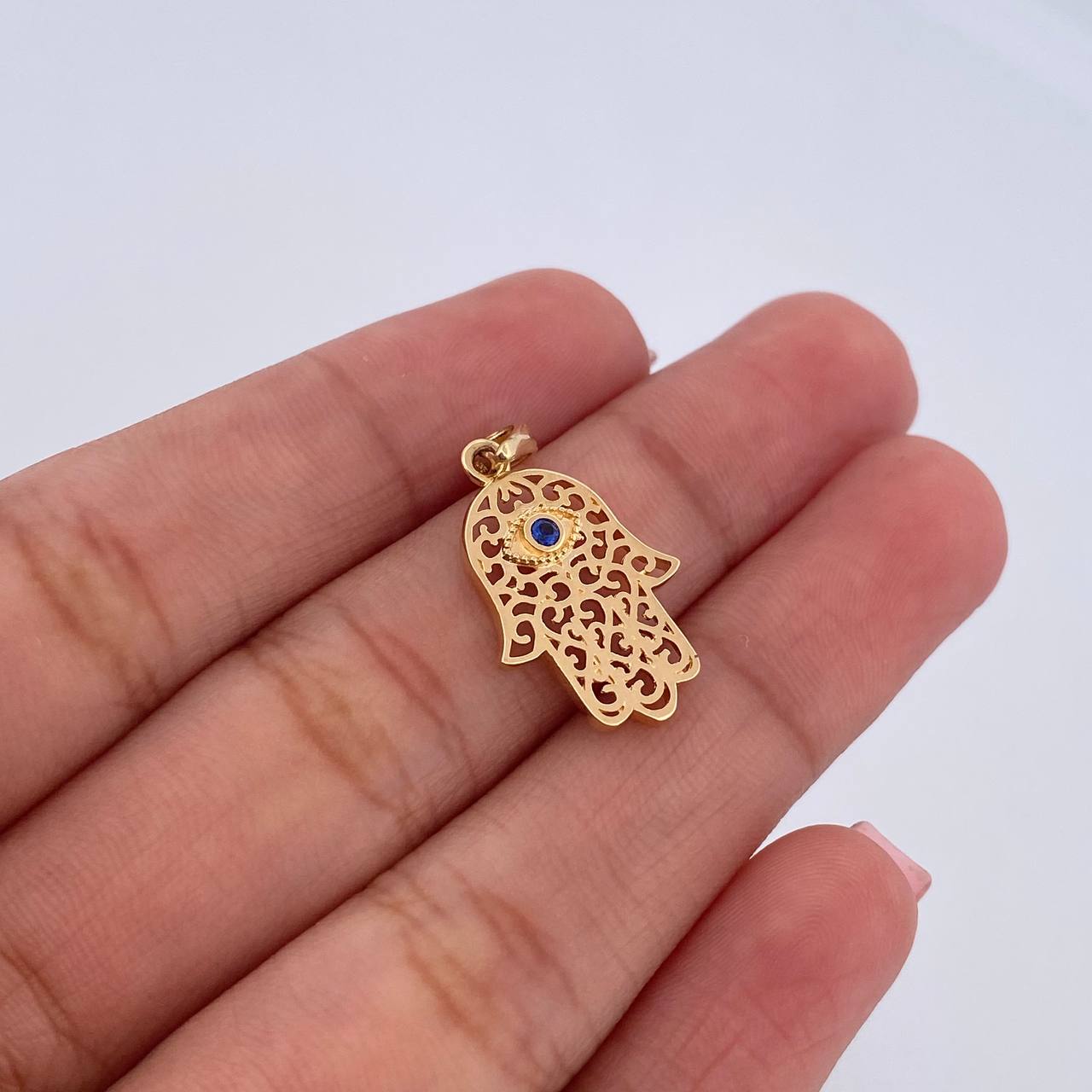 Dije Mano Hamsa 1.35gr / 2.5cm / Circon Azul Oro Amarillo 18K &