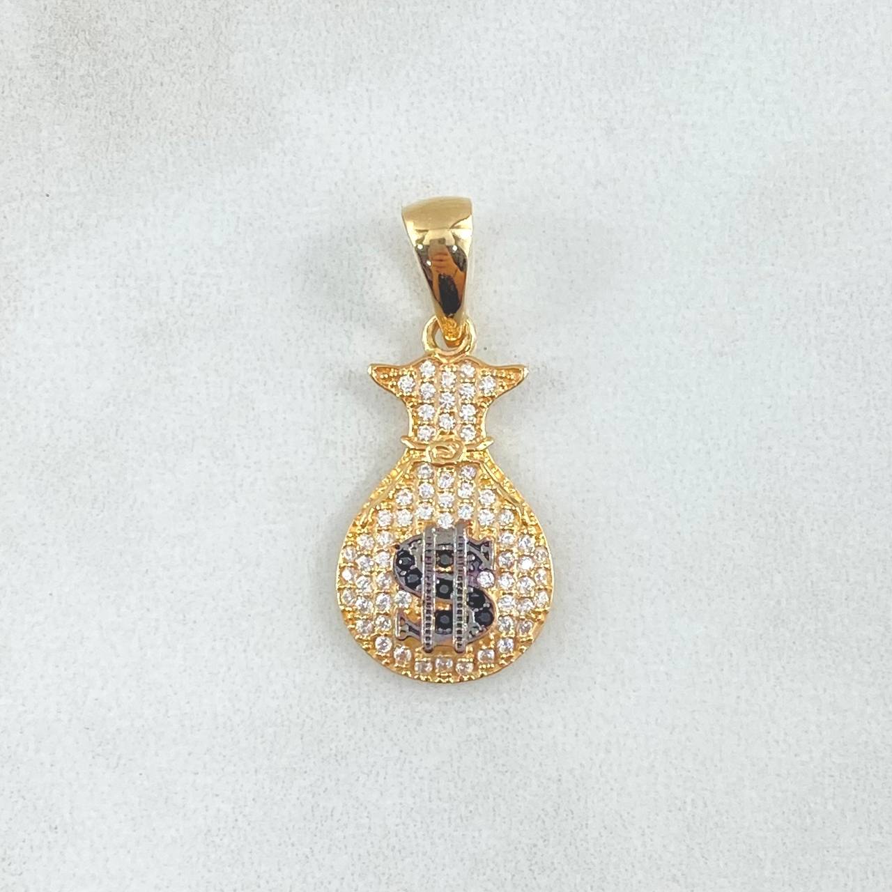 Dije Bolsa Dinero 2.2gr / 2.8cm / Circones Blancos Negros Oro Amarillo 18K