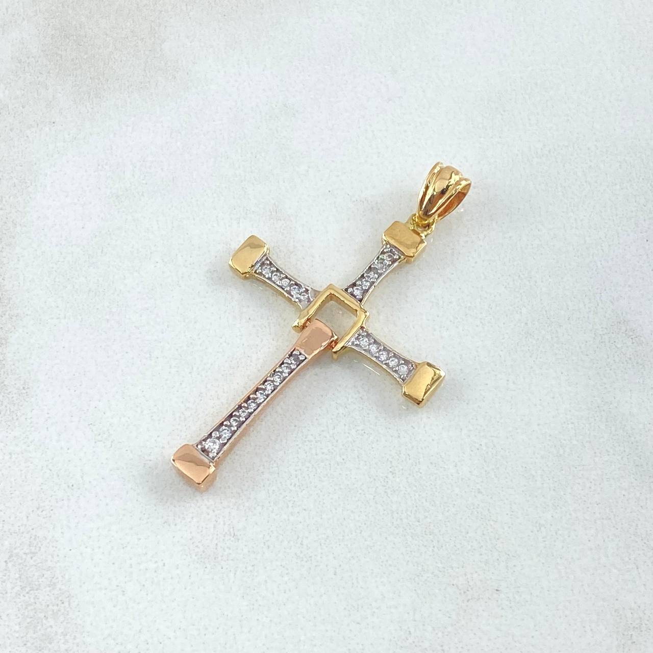 Dije Cruz 2.45gr / 2.45cm / Movil Circones Blancos Dos Oros Amarillo Rosa 18K