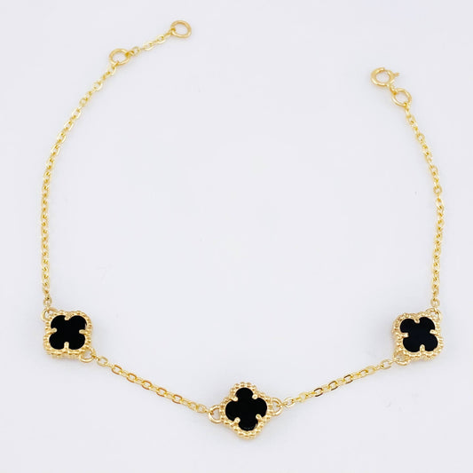 Pulso Trebol Onix Negro 3.2gr / 16cm-17cm / 8mm Oro Amarillo Nac.Esp. 18K ©