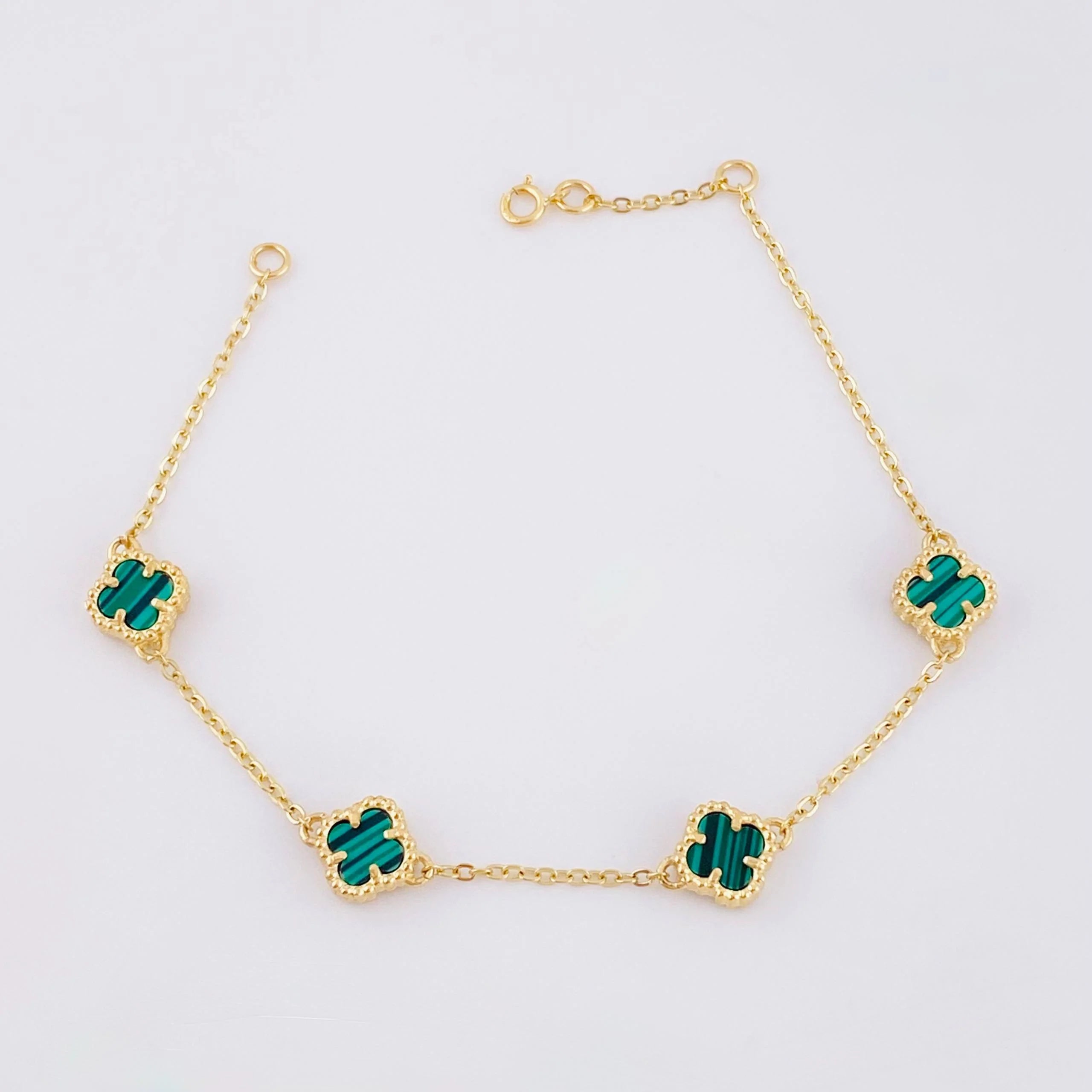 Pulso Modulable Trebol Malaquita Verde 4.45 g / 18.2 cm - 16.6 cm / 1.36 mm Oro Amarillo 18K