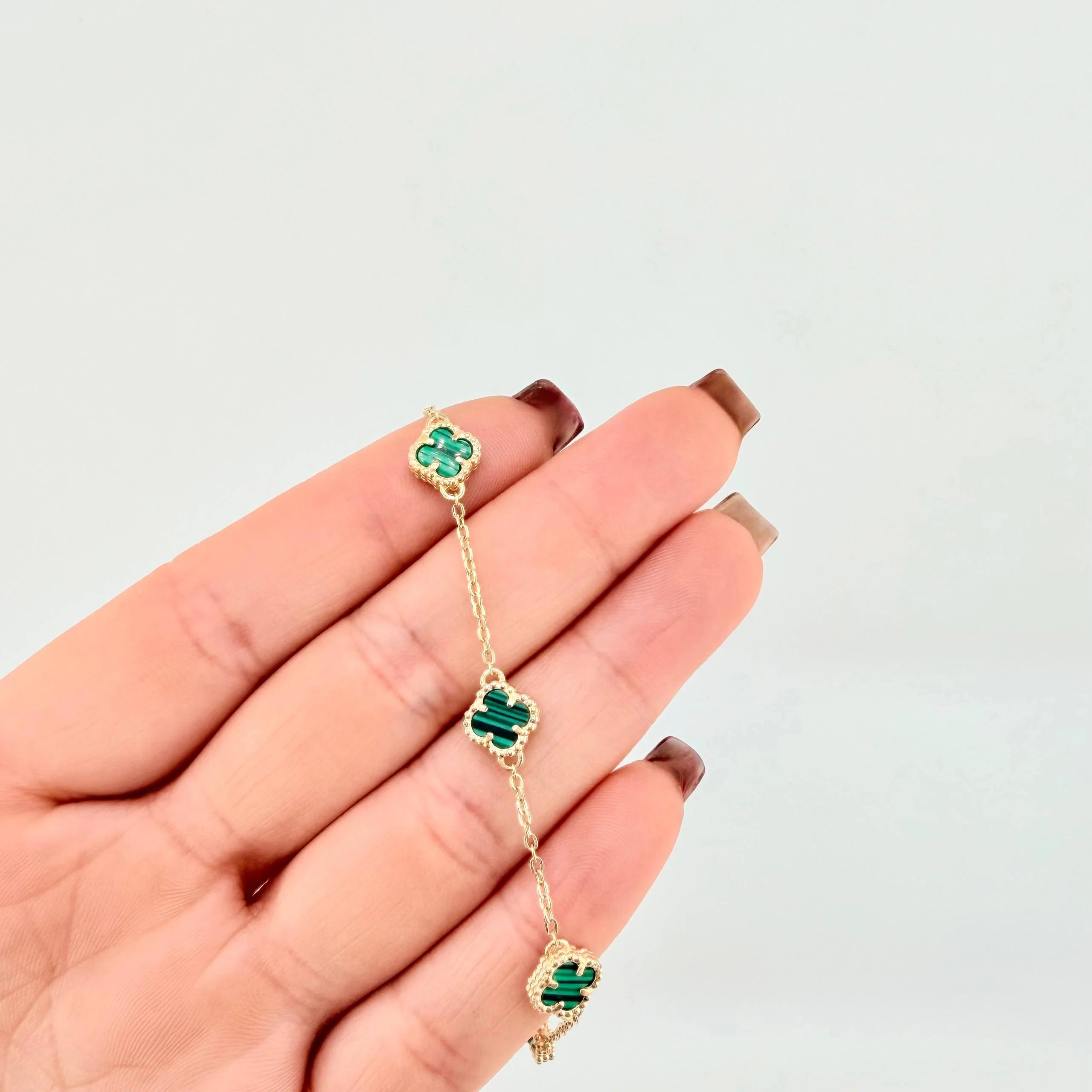 Pulso Modulable Trebol Malaquita Verde 3.65 g / 18.3 cm - 17 cm / 0.5 mm Oro Amarillo 18K