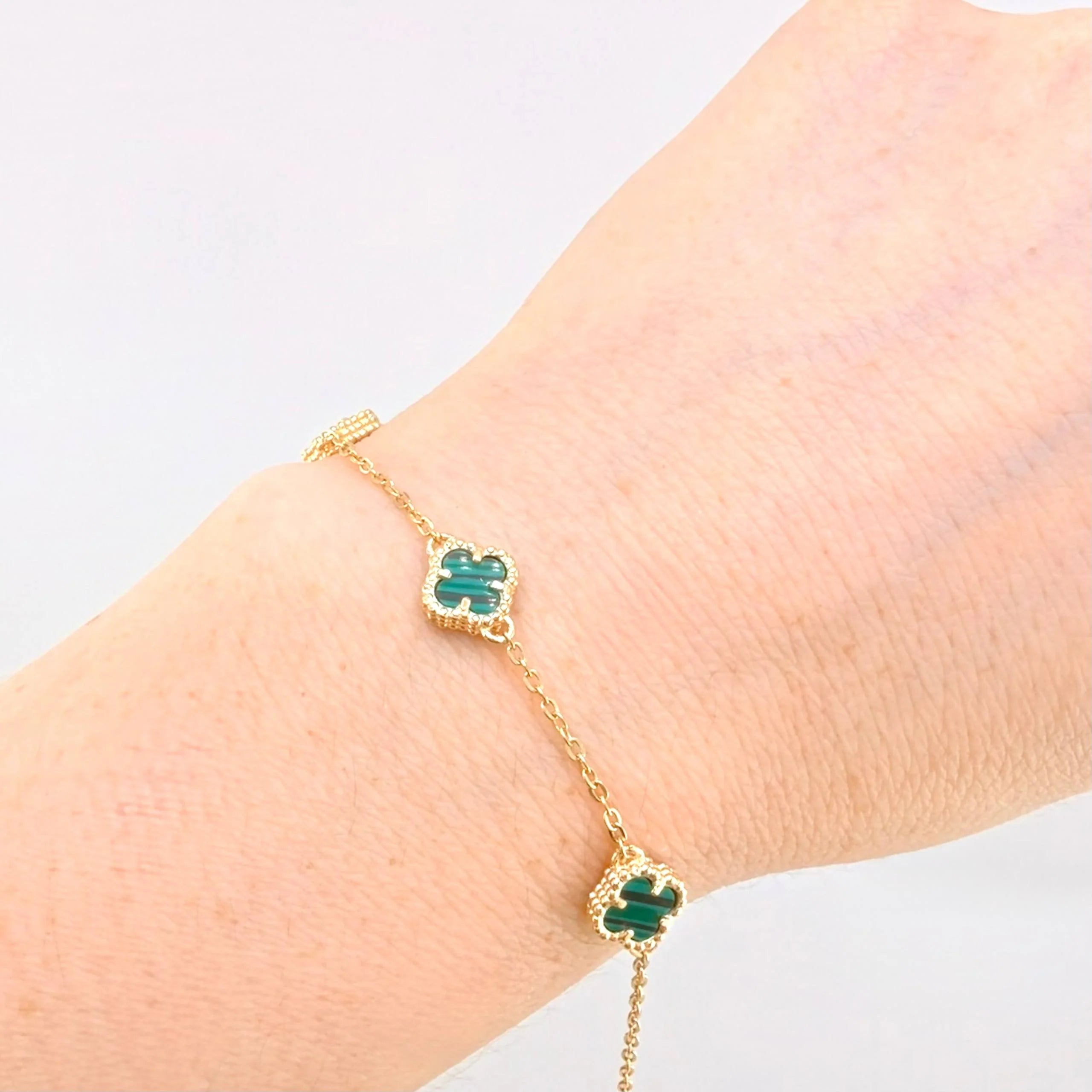 Pulso Modulable Trebol Malaquita Verde 3.65 g / 18.3 cm - 17 cm / 0.5 mm Oro Amarillo 18K