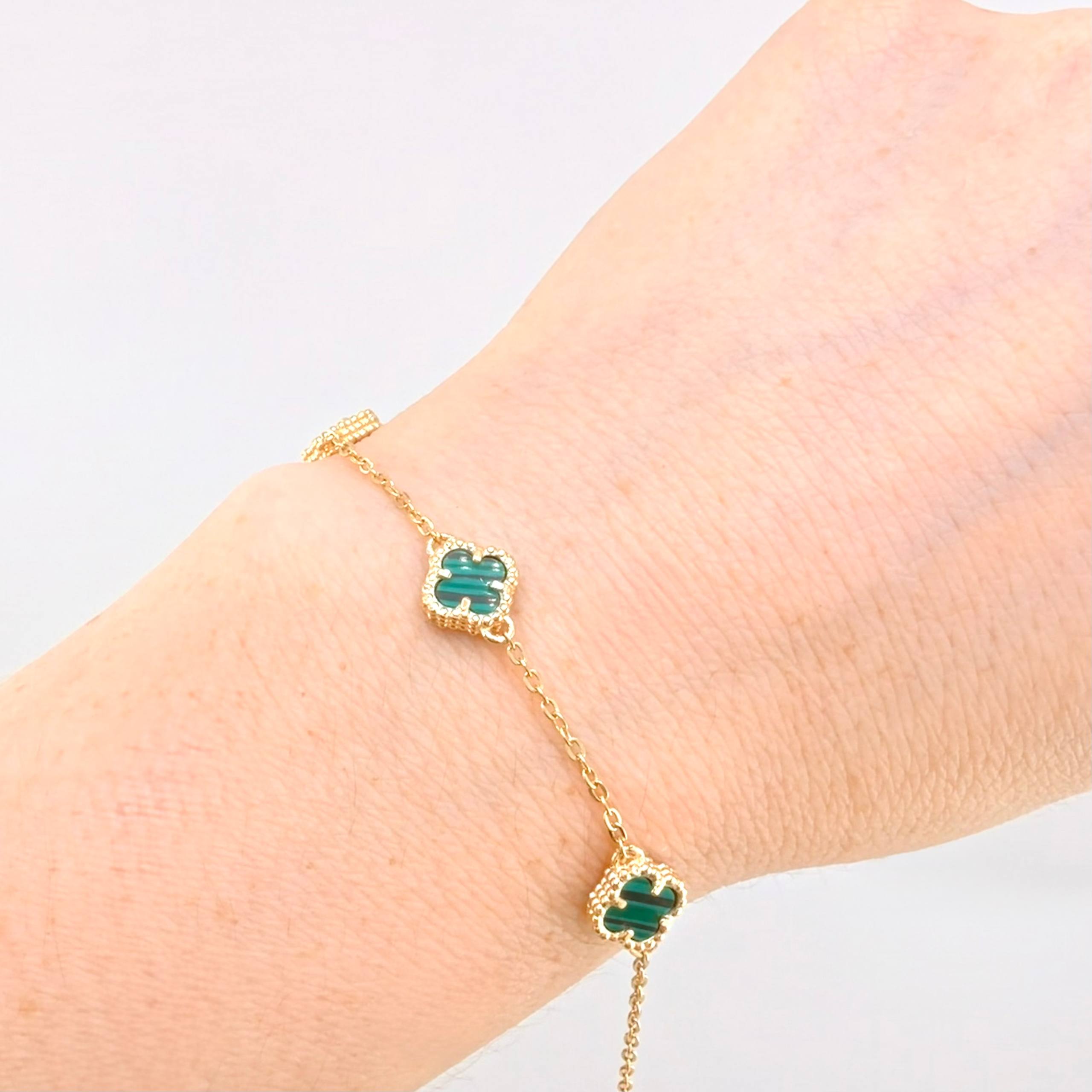 Pulso Trebol Malaquita Verde 3.05gr / 15cm-17cm / 8mm Oro Amarillo Nac.Esp. 18K ©