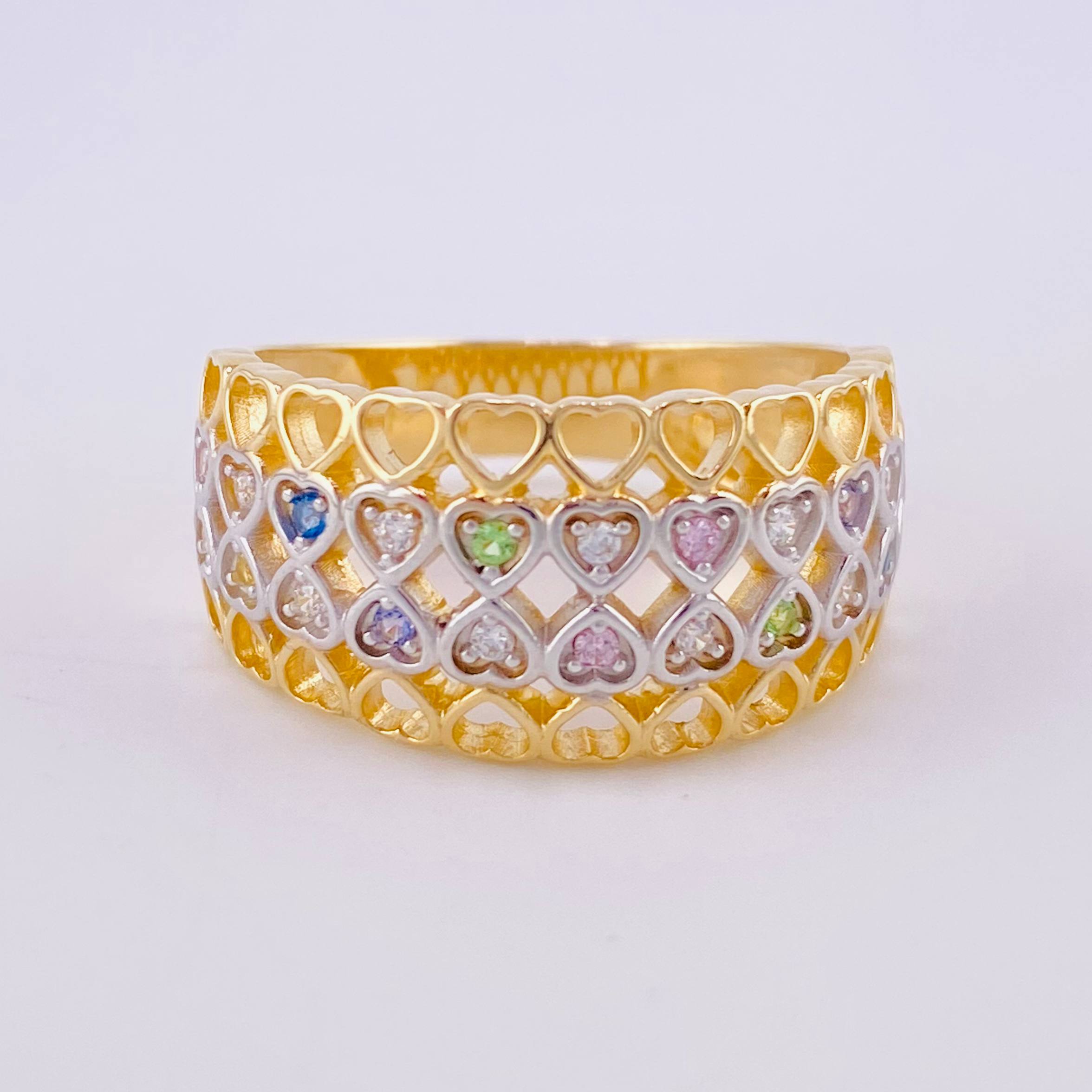 Anillo Canasta Corazones 5.4g / T8 1/4 Dos Oros Amarillo Blanco 18K