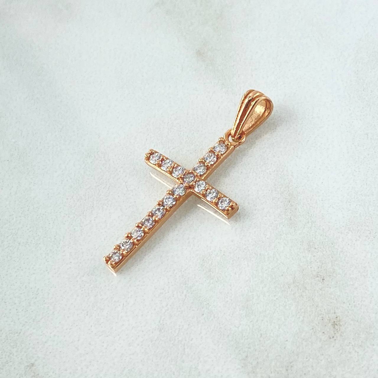 Dije Cruz Tupida 1.6gr / 3cm / Circones Blancos Oro Rosa 18K *