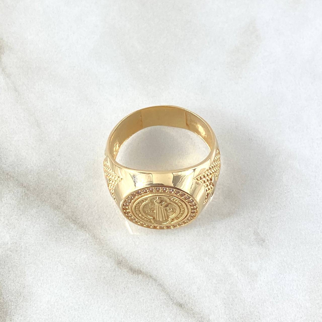 Anillo Sello San Benito 6.55gr / T9 1/4 / Cruces - Circones Blancos Oro Amarillo 18K