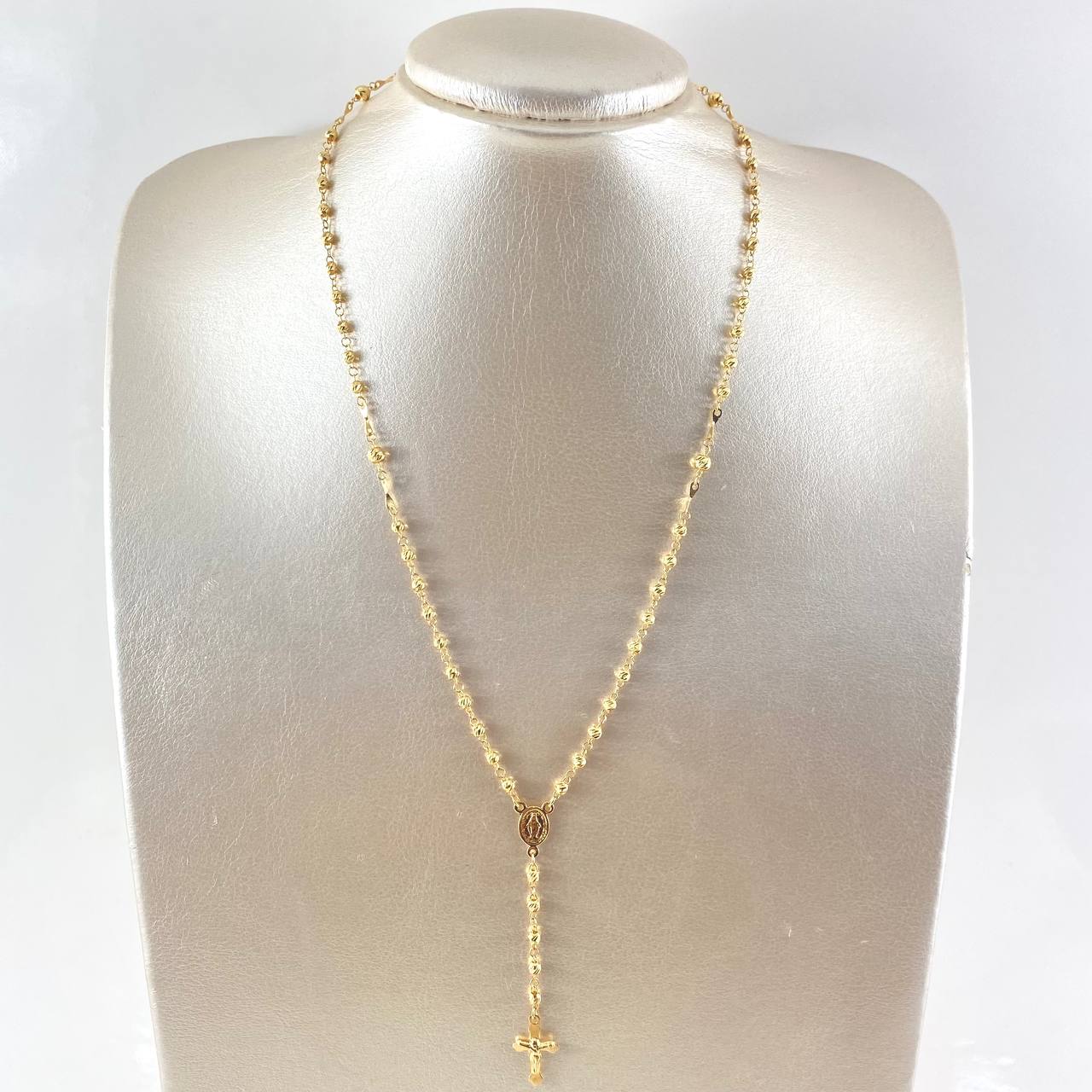Rosario Virgen Milagrosa Cruz Puntas Floreadas 6.55gr / 50cm / 3mm4mm Bolas Diamantadas Oro Amarillo 18K