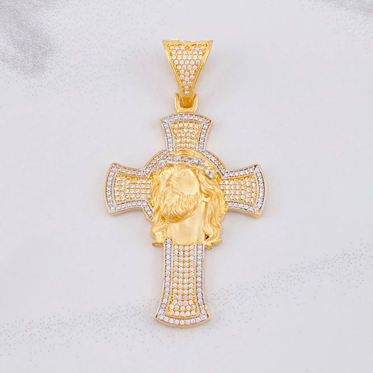 Dije Cruz Rostro de Cristo 14.05g / 6.5cm Dos Oros Amarillo Blanco 18K