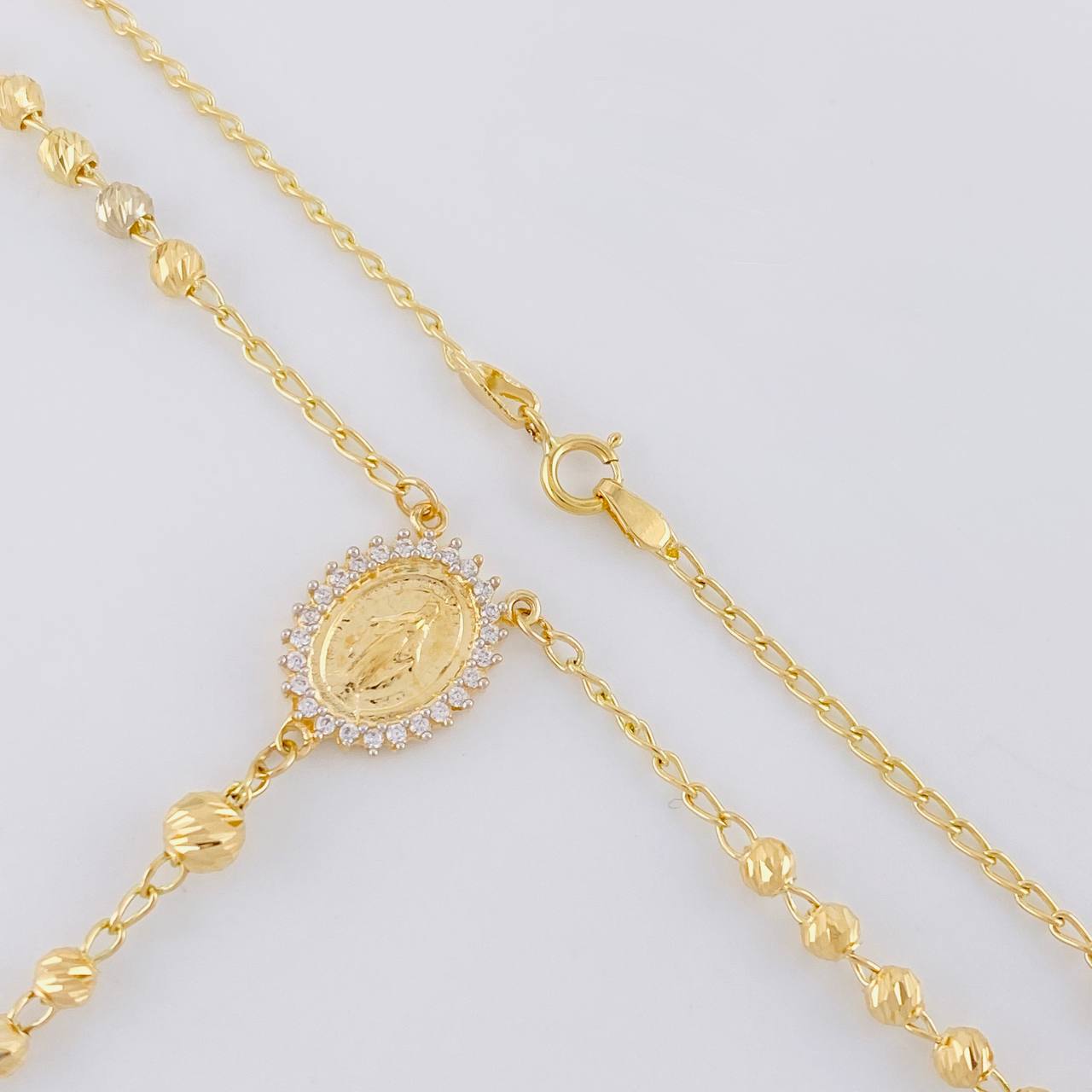 Rosario Virgen Milagrosa Cruz Diamantado 9.2g / 50cm / 3.4mm Oro Amarillo 18K