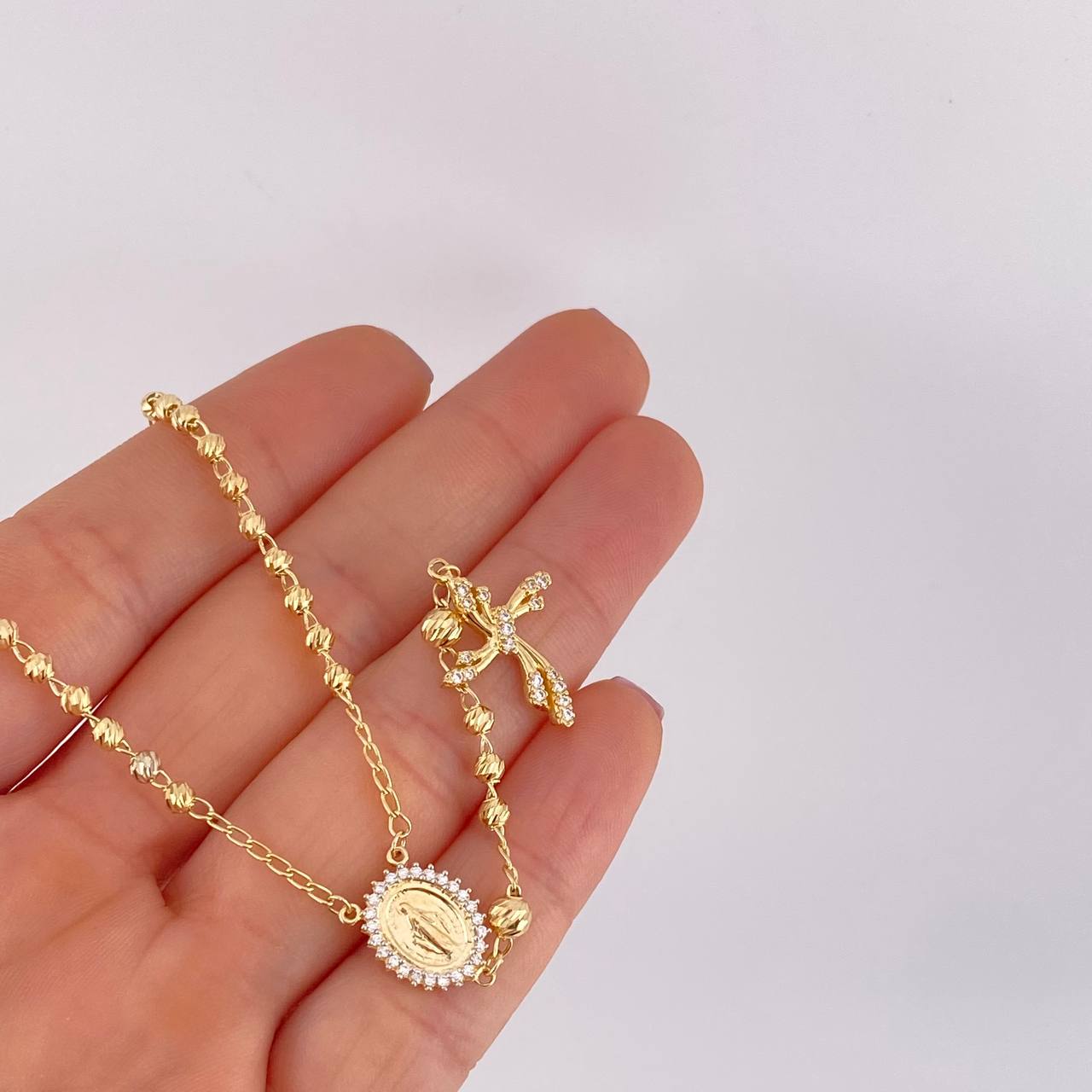 Rosario Virgen Milagrosa Cruz Diamantado 9.2g / 50cm / 3.4mm Oro Amarillo 18K