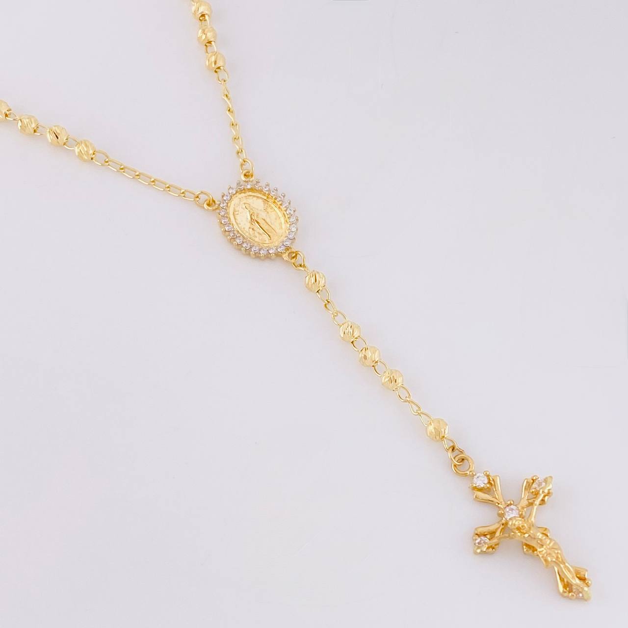 Rosario Virgen Milagrosa Cruz Cristo Diamantado 8.95g / 50cm / 3.4mm Oro Amarillo 18K