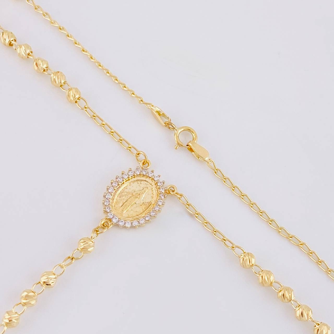 Rosario Virgen Milagrosa Cruz Cristo Diamantado 8.95g / 50cm / 3.4mm Oro Amarillo 18K