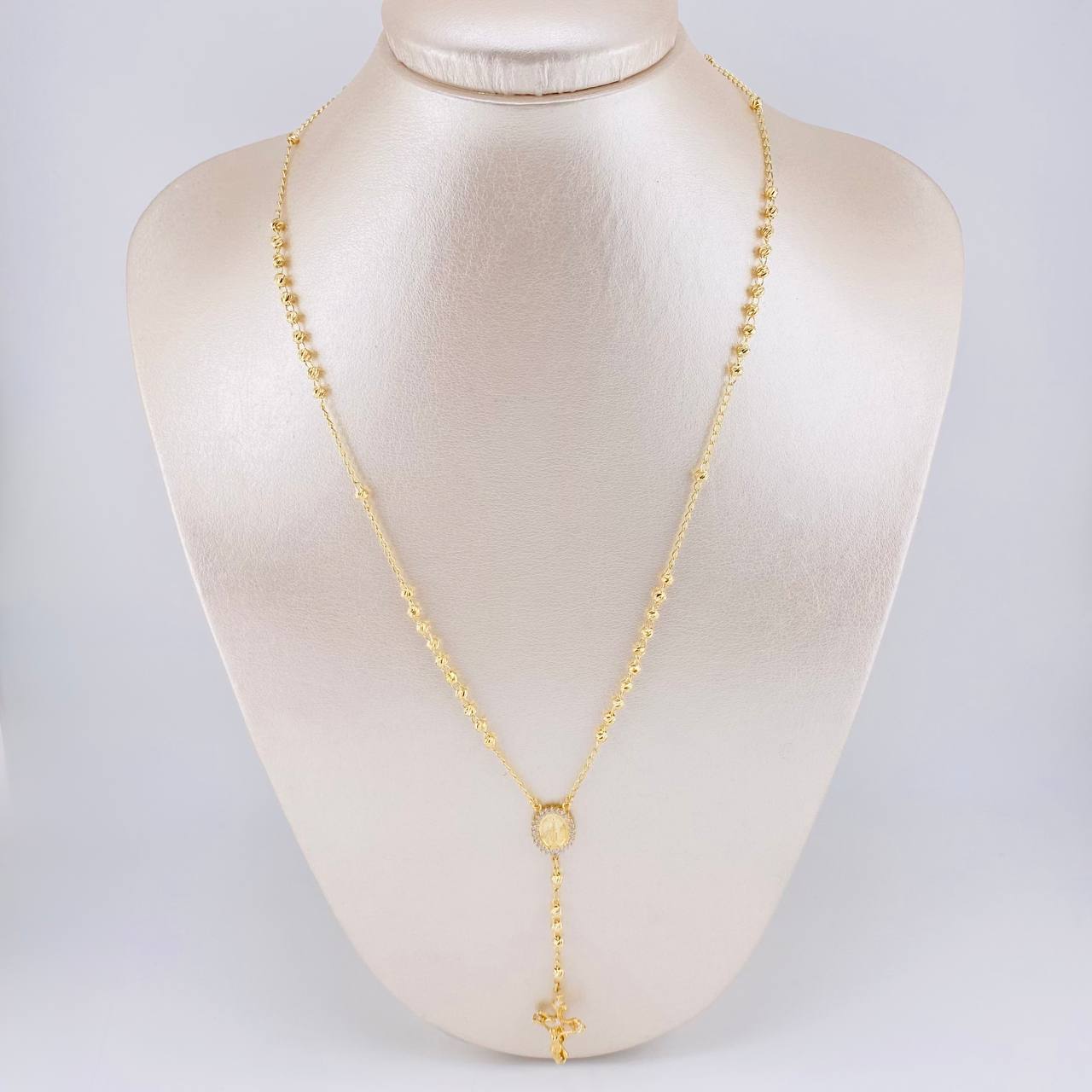 Rosario Virgen Milagrosa Cruz Cristo Diamantado 8.95g / 50cm / 3.4mm Oro Amarillo 18K