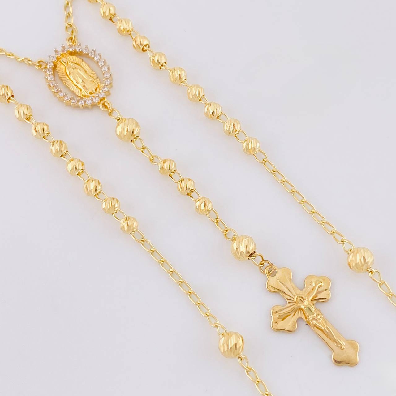 Rosario Virgen Guadalupe Cruz Cristo Diamantado 8.6g / 50cm / 3.4mm Oro Amarillo 18K