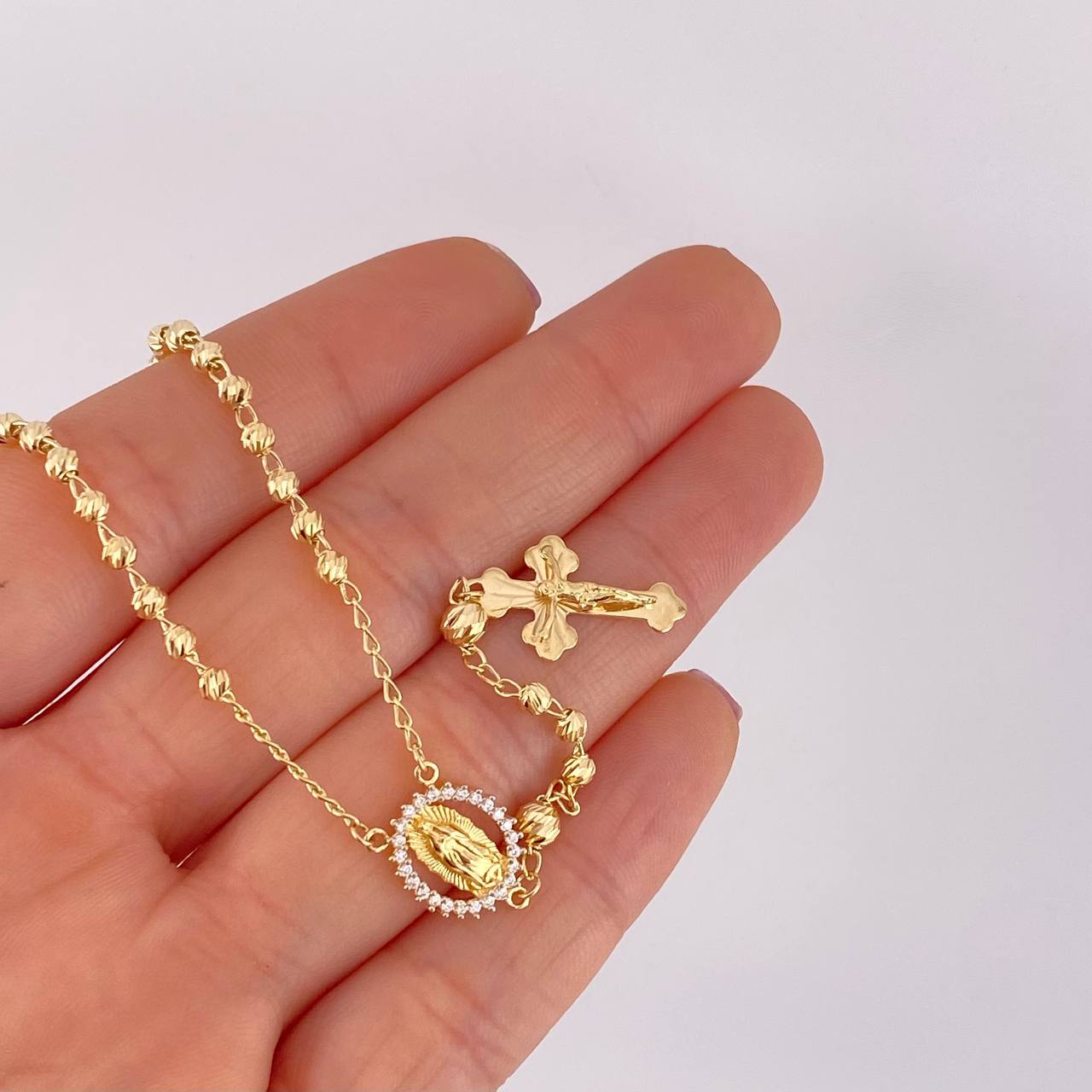 Rosario Virgen Guadalupe Cruz Cristo Diamantado 8.6g / 50cm / 3.4mm Oro Amarillo 18K