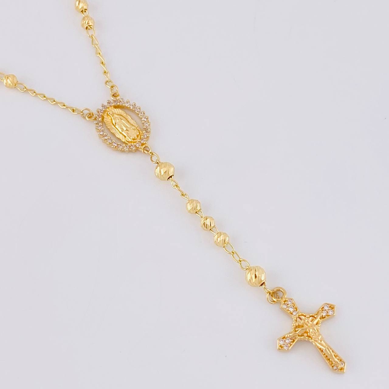 Rosario Virgen Guadalupe Cruz Cristo Diamantado 9g / 50cm / 3.4mm Oro Amarillo 18K