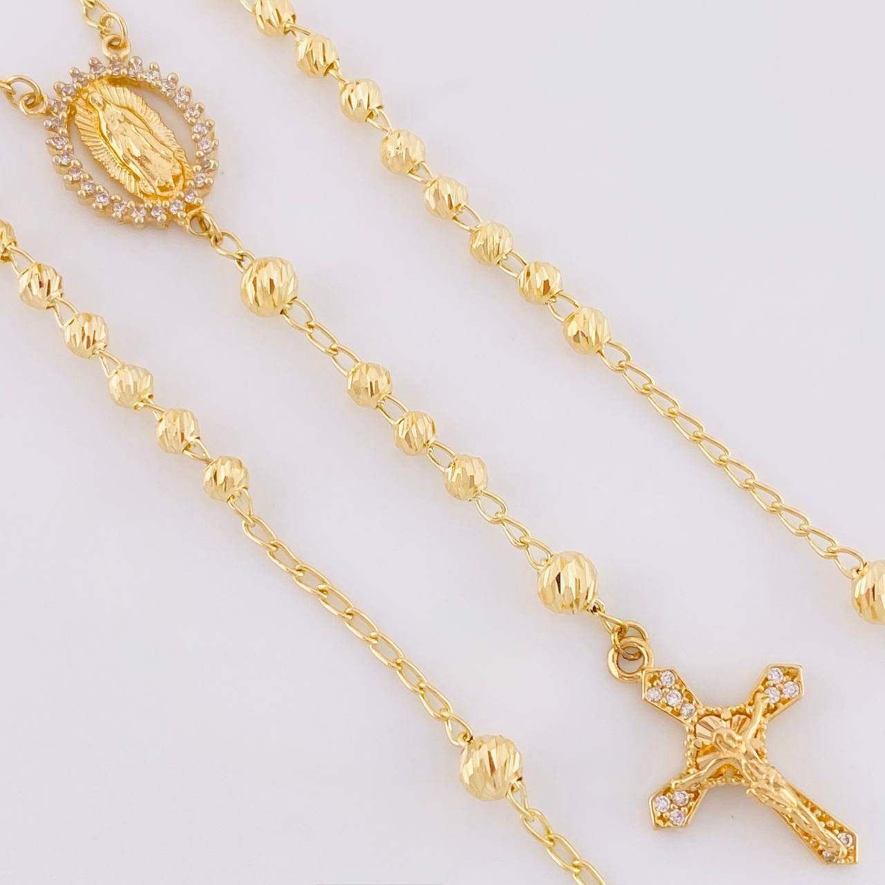 Rosario Virgen Guadalupe Cruz Cristo Diamantado 9g / 50cm / 3.4mm Oro Amarillo 18K