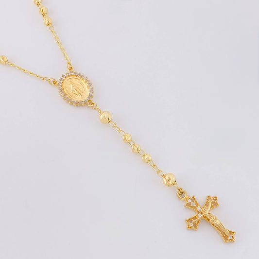 Rosario Virgen Milagrosa Cruz Cristo Diamantado 8.9g / 50cm / 3.4mm Oro Amarillo 18K