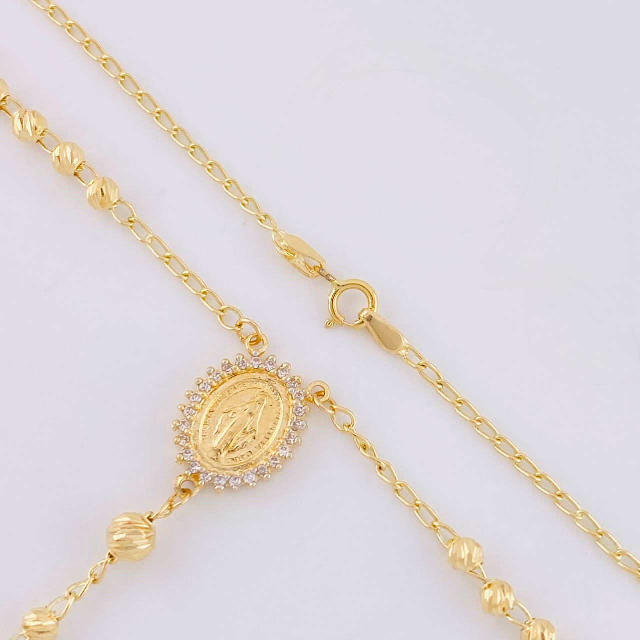 Rosario Virgen Milagrosa Cruz Cristo Diamantado 8.9g / 50cm / 3.4mm Oro Amarillo 18K